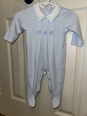 Classic Baby Boy Light Blue Embroidered One-Piece Footiewith Collar